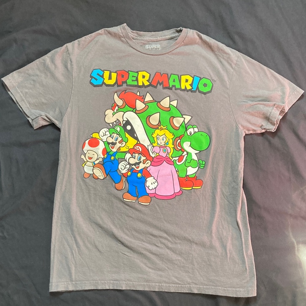 Super Mario Bros Grey Graphic Tee Shirt Bowser Toad Peach Yoshi Luigi Size M